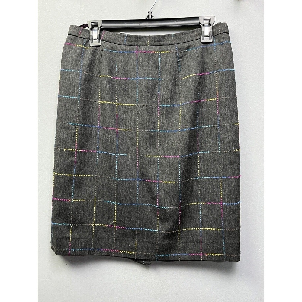 Nicole Skirt Womens 10 Grey Multi Rainbow Windowpane Plaid Pencil Made in Italy